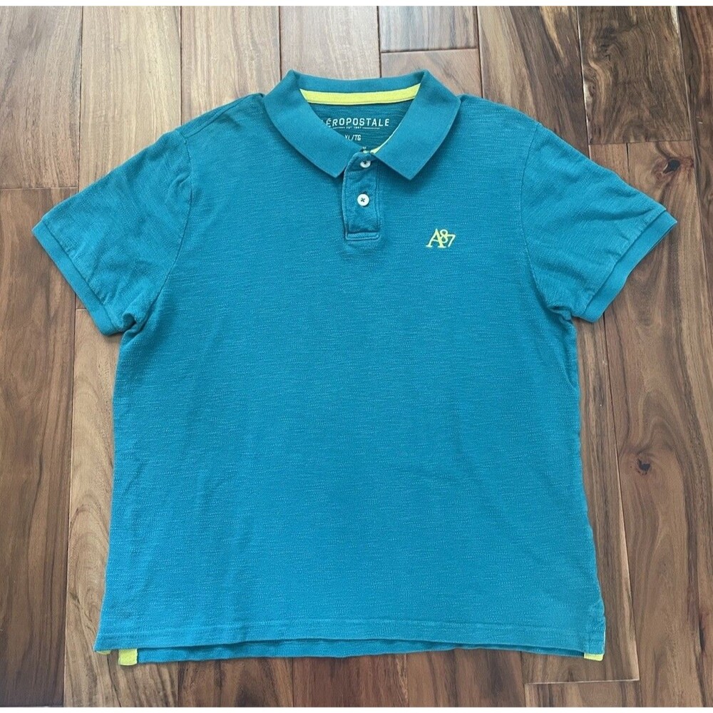 Y2K Aeropostale Polo Shirt Mens XL Teal Blue Yellow A87 Logo Pique